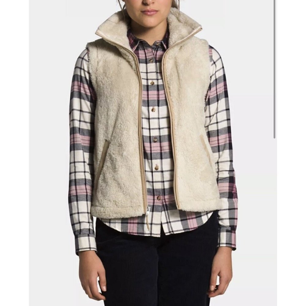 The North Face Women's Furry Fleece Vest Tan Brown Size Small S Full Zip Pockets